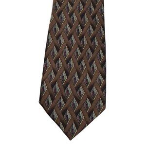 Cocktail Colors Mens Silk Tie Geometric Diamond Pattern Brown Hand Made